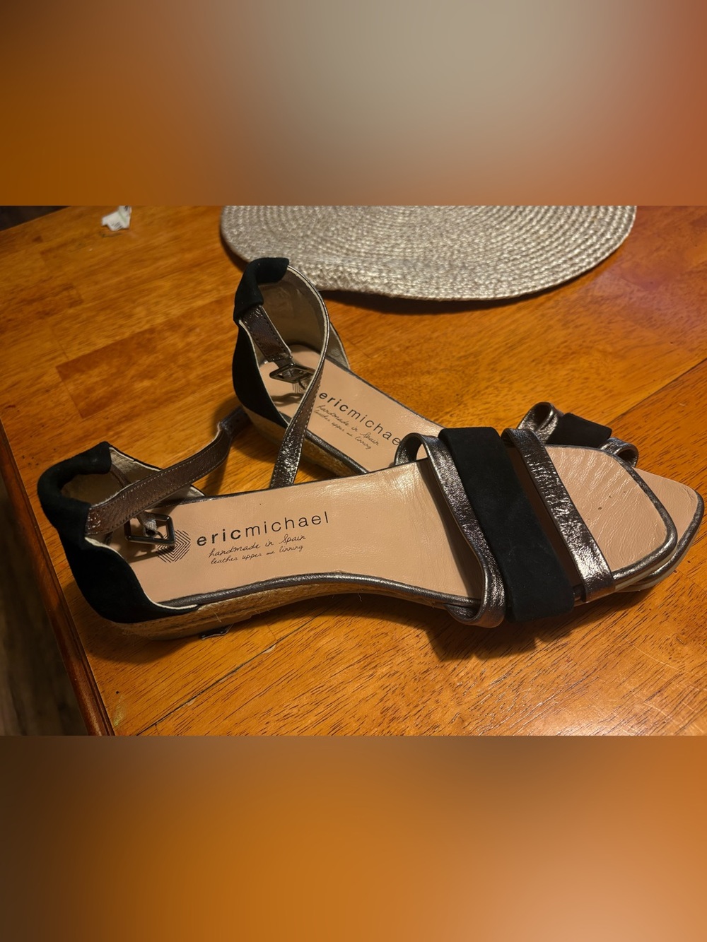 Eric Michael Black and Metallic Strappy Low-Heel Sandals